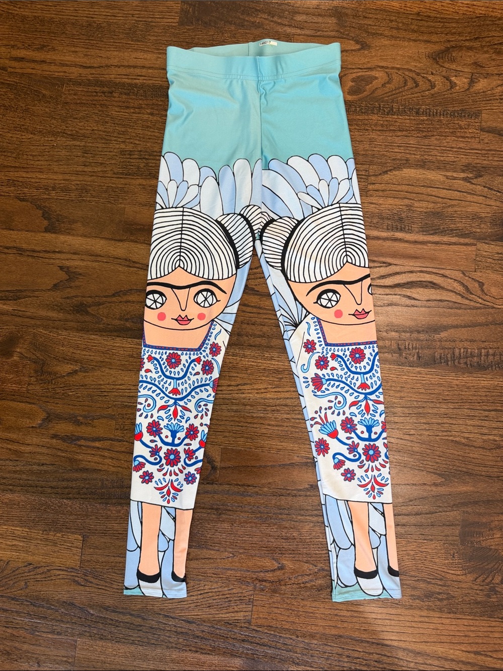 Aqua Illustrated Graphic Leggings with Folk Art Print
